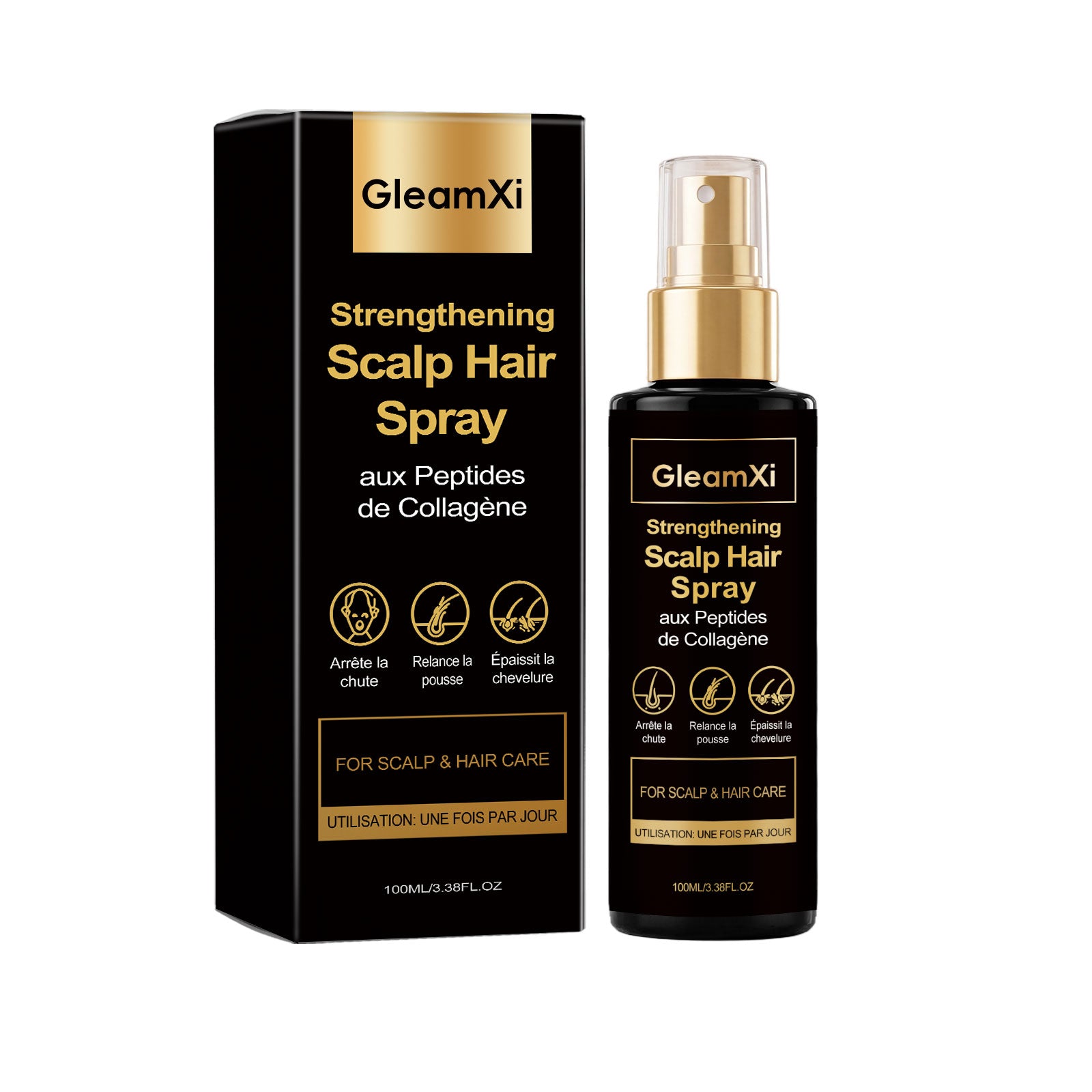 GleamXi strengthening scalp hair spray bottle with pump and boxed carton, 100 ml