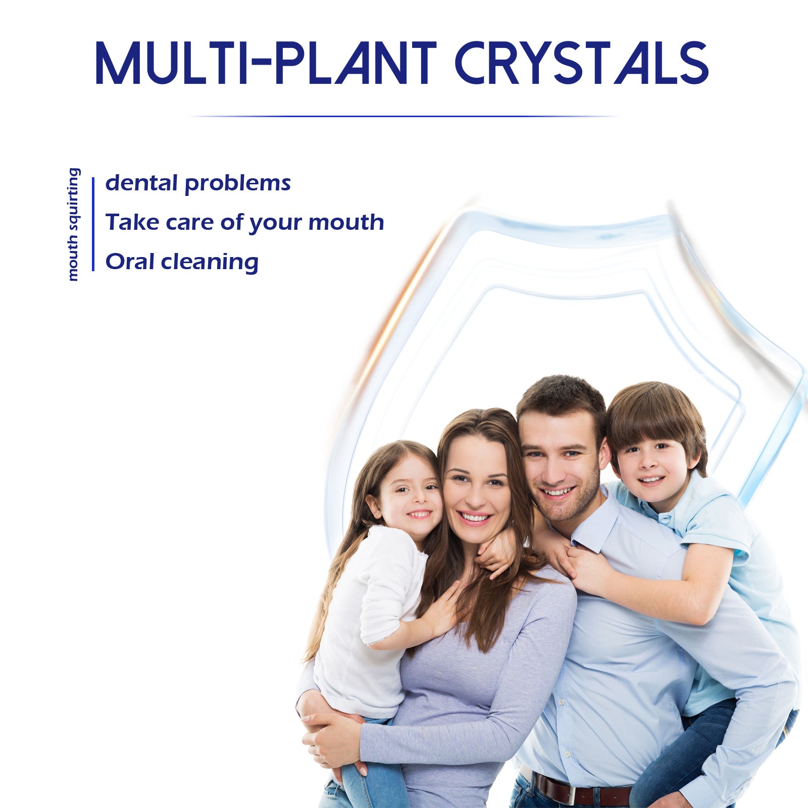 Oral care spray infographic with family and multi-plant crystal outline