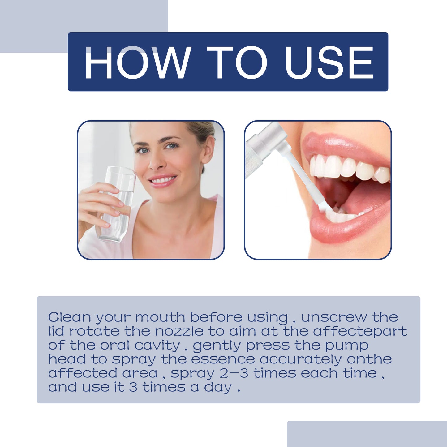 How-to-use oral spray graphic with woman spraying and mouth close-up