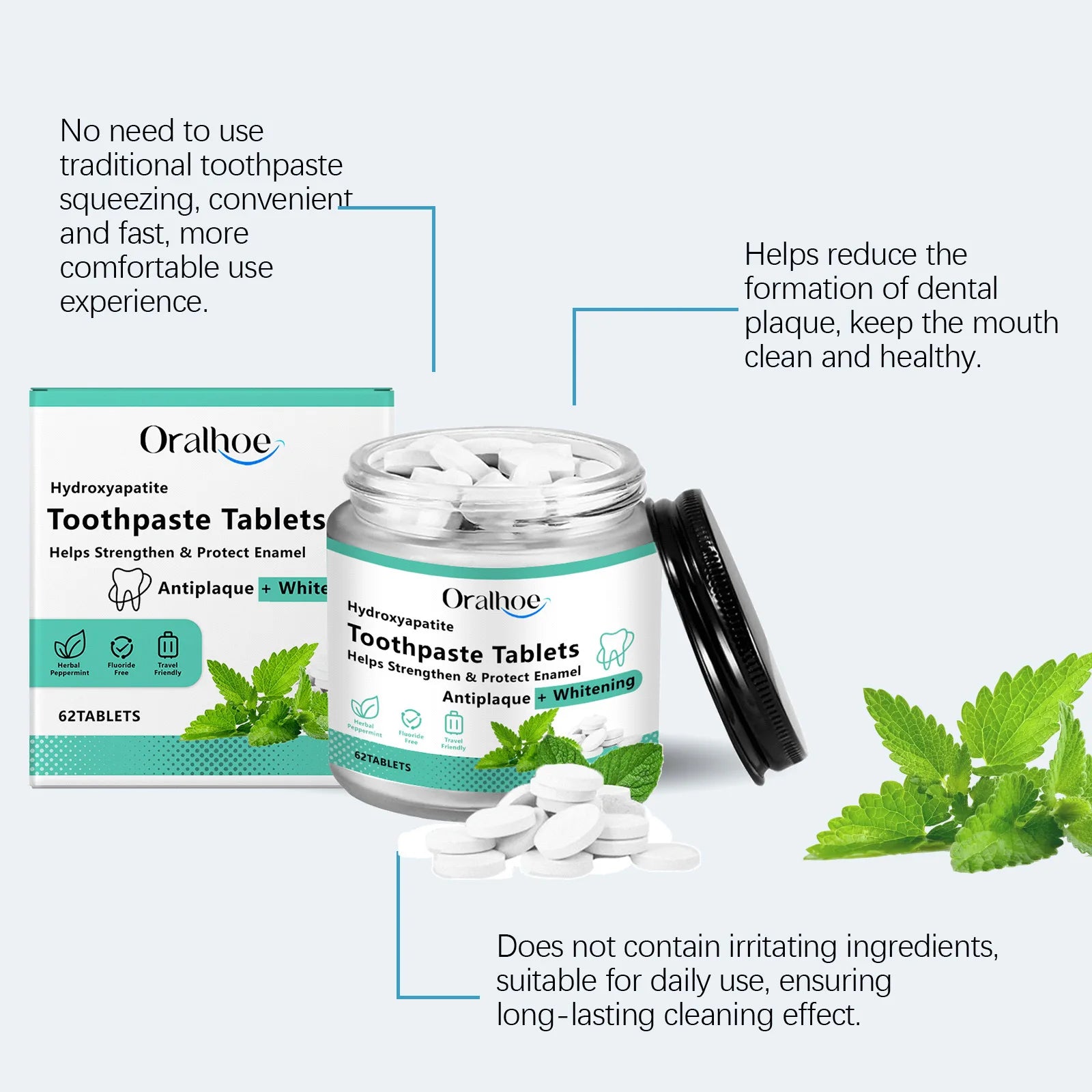 Toothpaste tablets jar with lid open and white tablets, with matching mint box