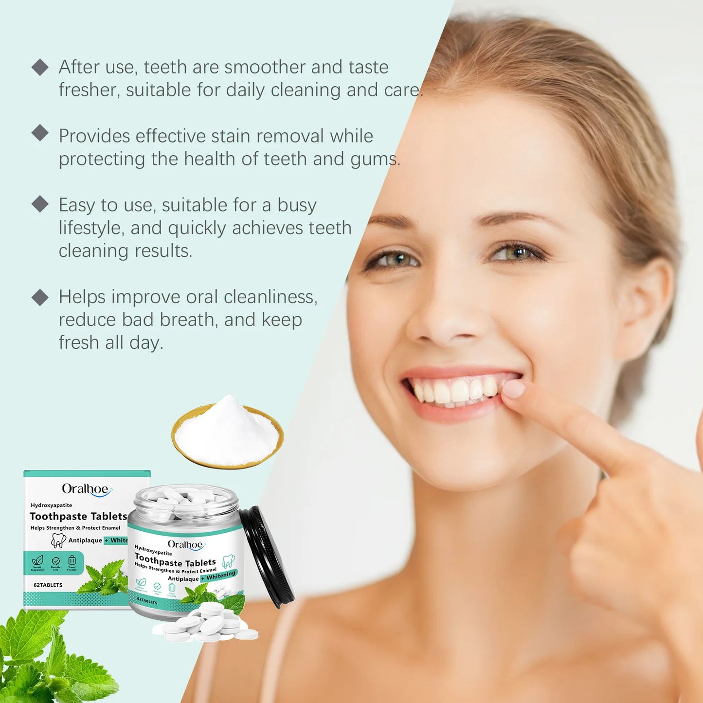 Toothpaste tablets jar with white tablets beside a smiling woman, mint freshness