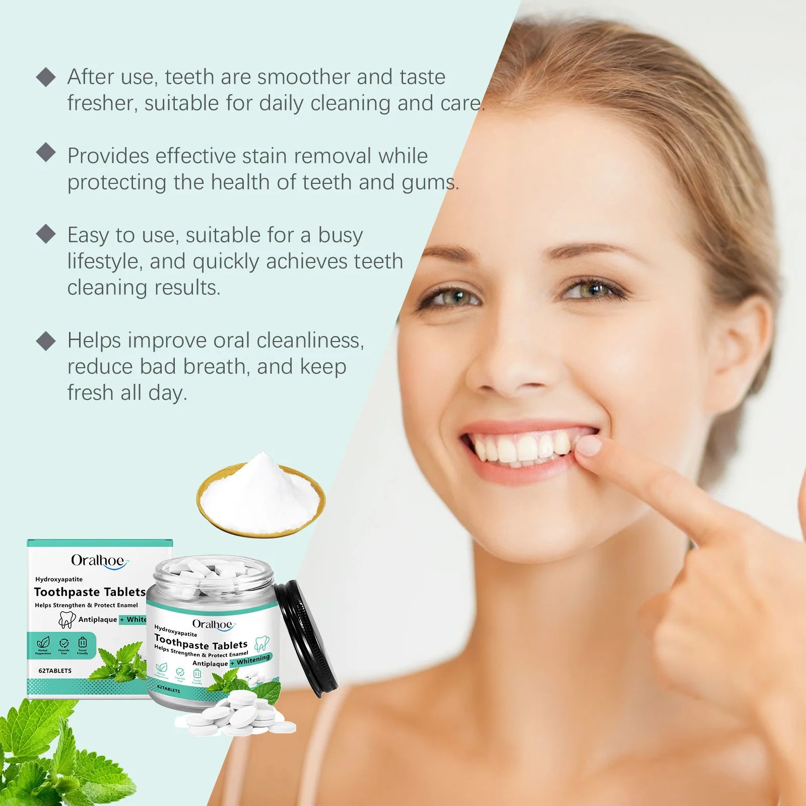 Toothpaste tablets jar with white tablets beside a smiling woman, mint freshness