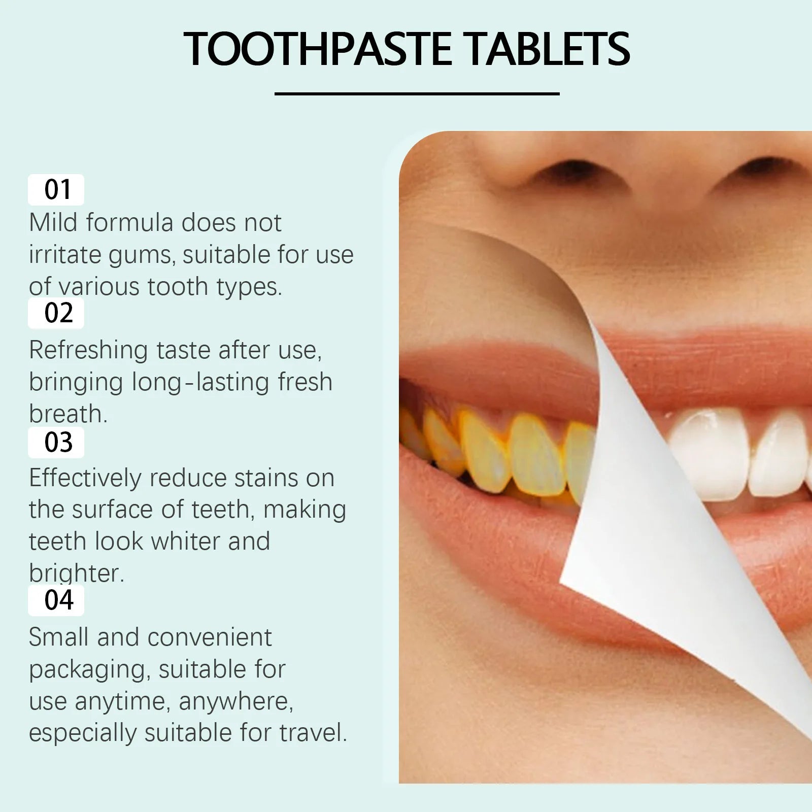 Toothpaste tablets formula on a toothbrush tip, shown on visible teeth