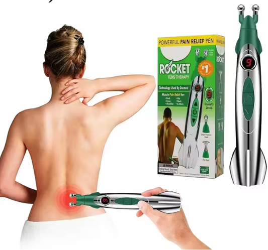Electric acupuncture massage pen with green handle and twin metal tips