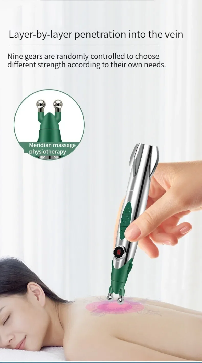 Electric acupuncture massage pen applying pink contact dot with green head