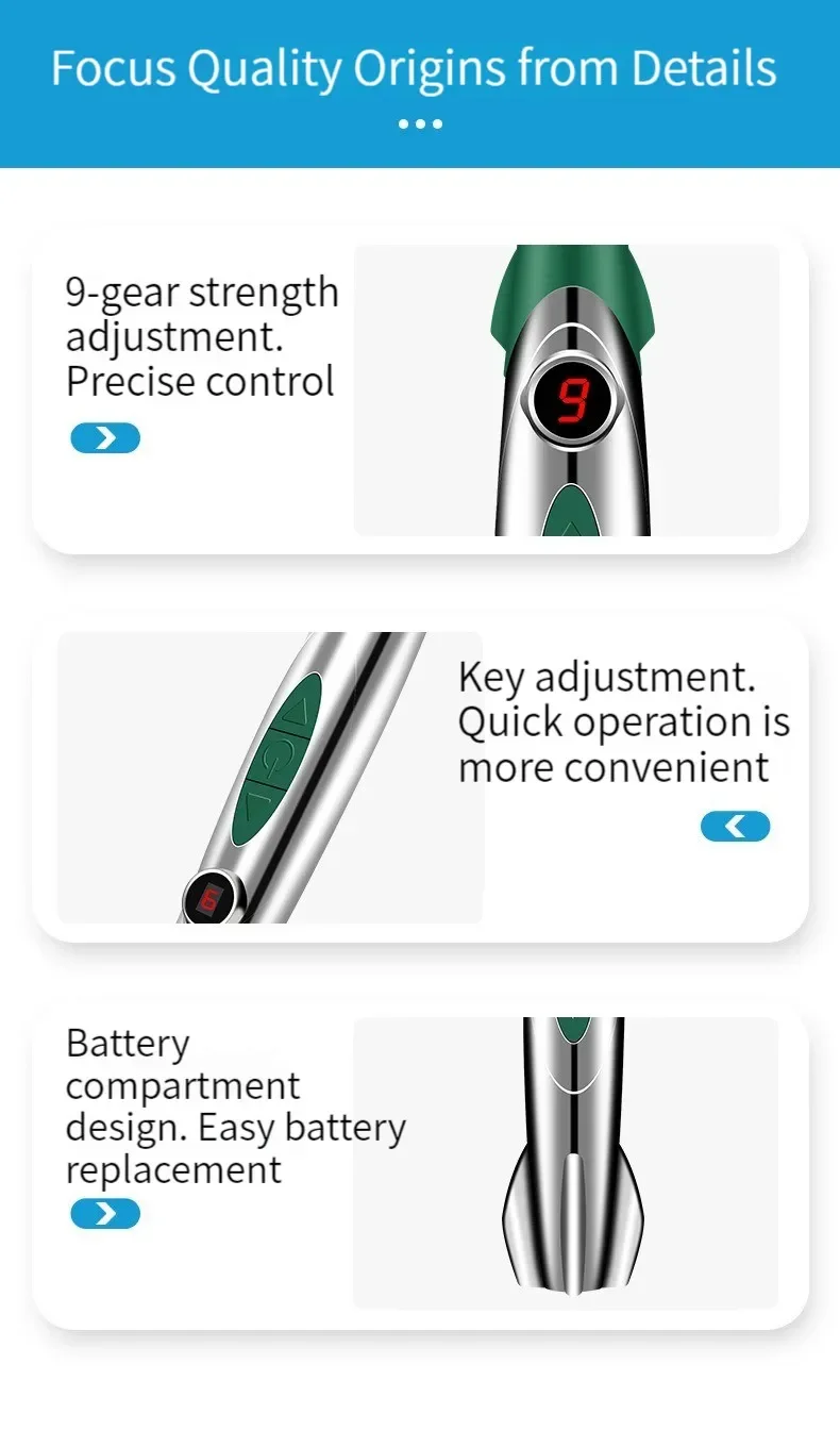 Acupuncture massage pen with 9-level display and green adjustment indicator