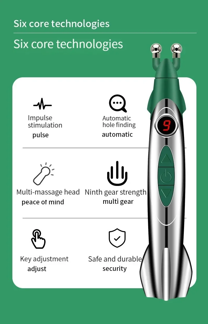 Acupuncture massage pen infographic showing impulse, automatic, and safety features