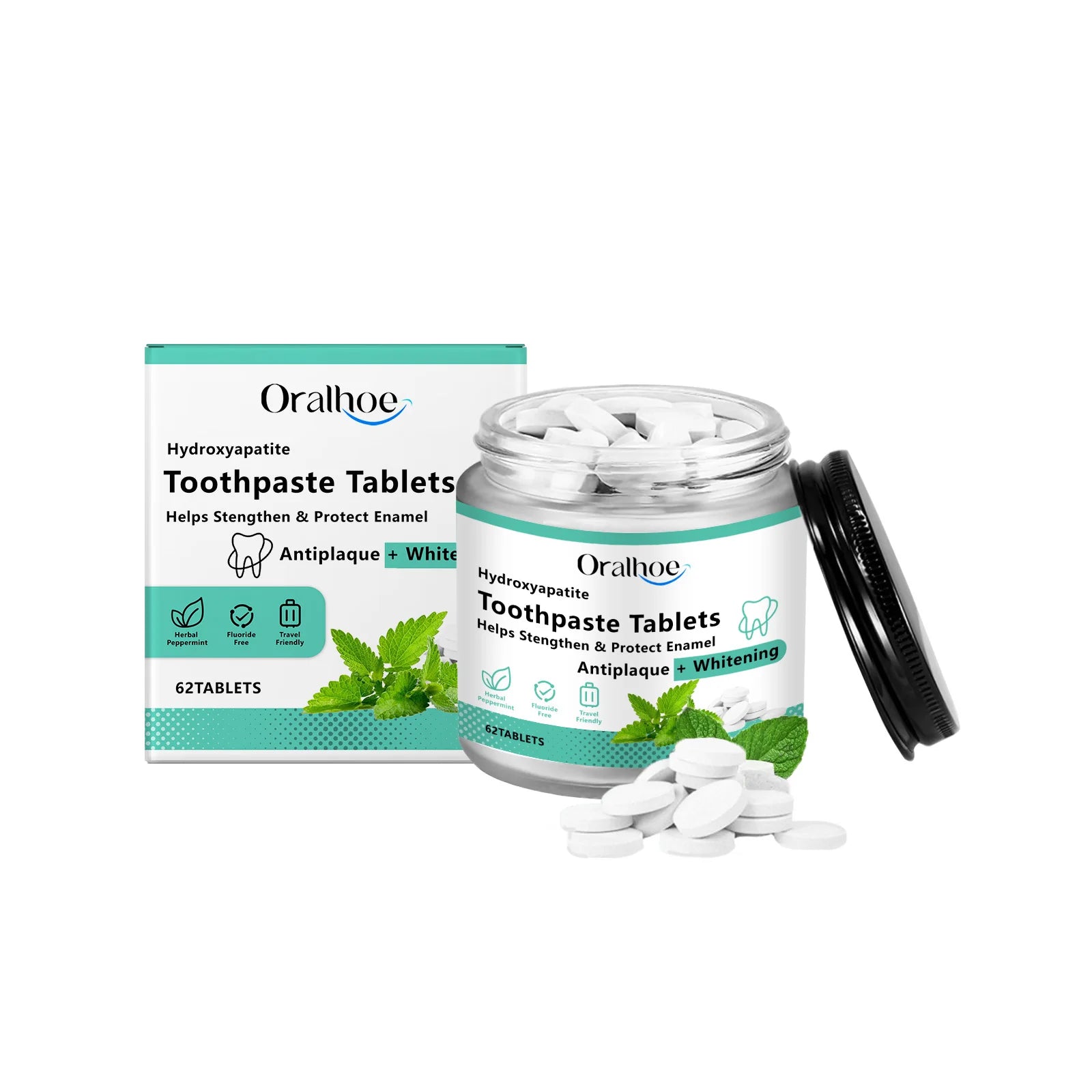 Oralhoe hydroxyapatite toothpaste tablets box and jar with white tablets and mint leaves