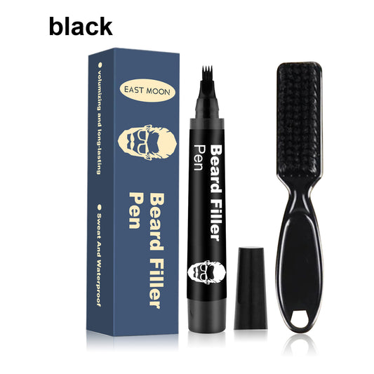 Beard filler pen set with box, black marker refill, and textured brush applicator.