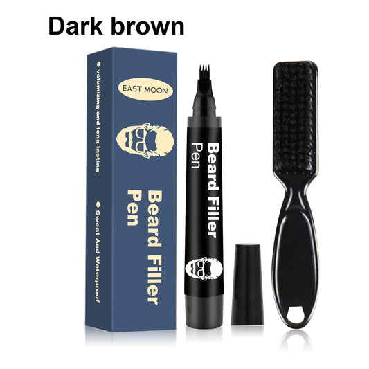 Beard filler pen set with box, dark brown marker refill, and textured brush applicator.
