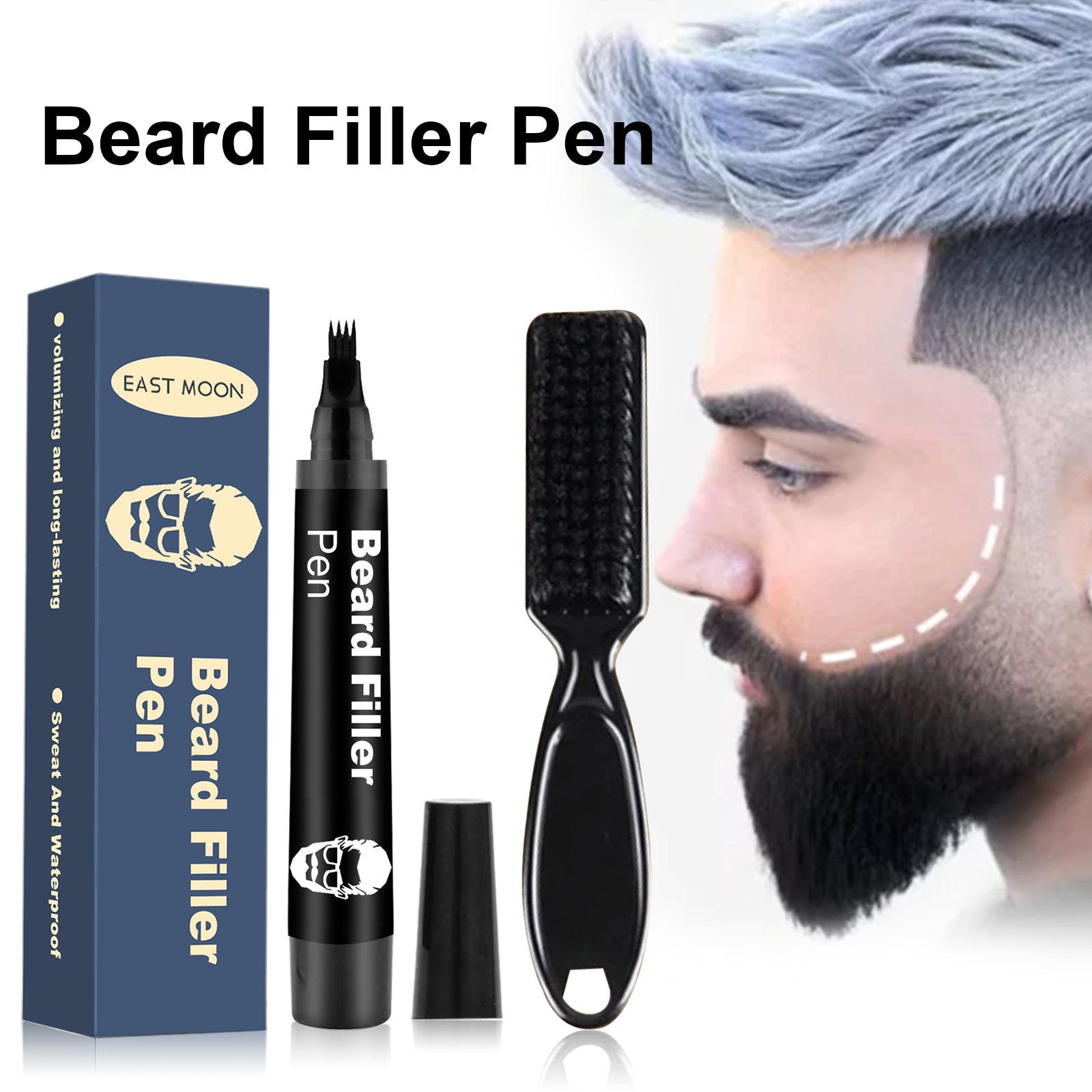 Beard filler pen with box and textured applicator brush beside a man grooming his beard.