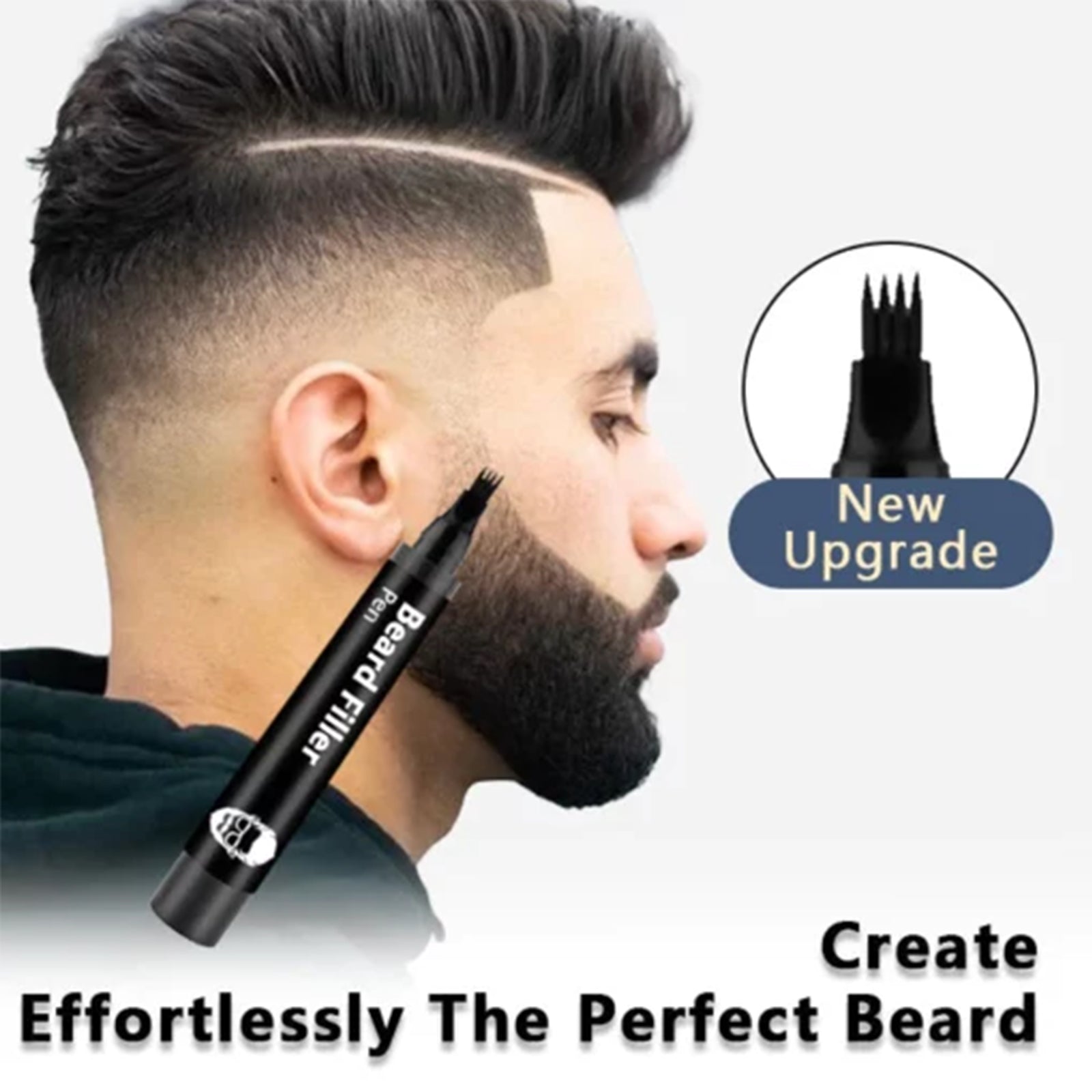 Beard filler pen with fine tip held near a man’s beard for touch-ups.