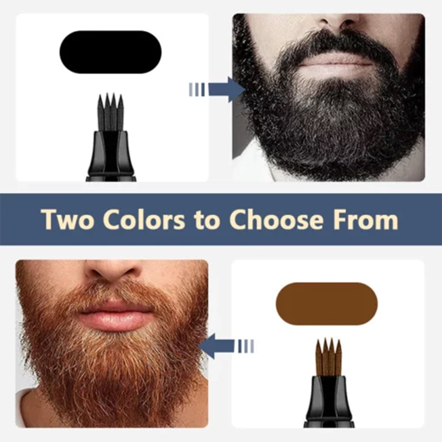 Beard filler pen showing two shade options with beard and applicator brush.