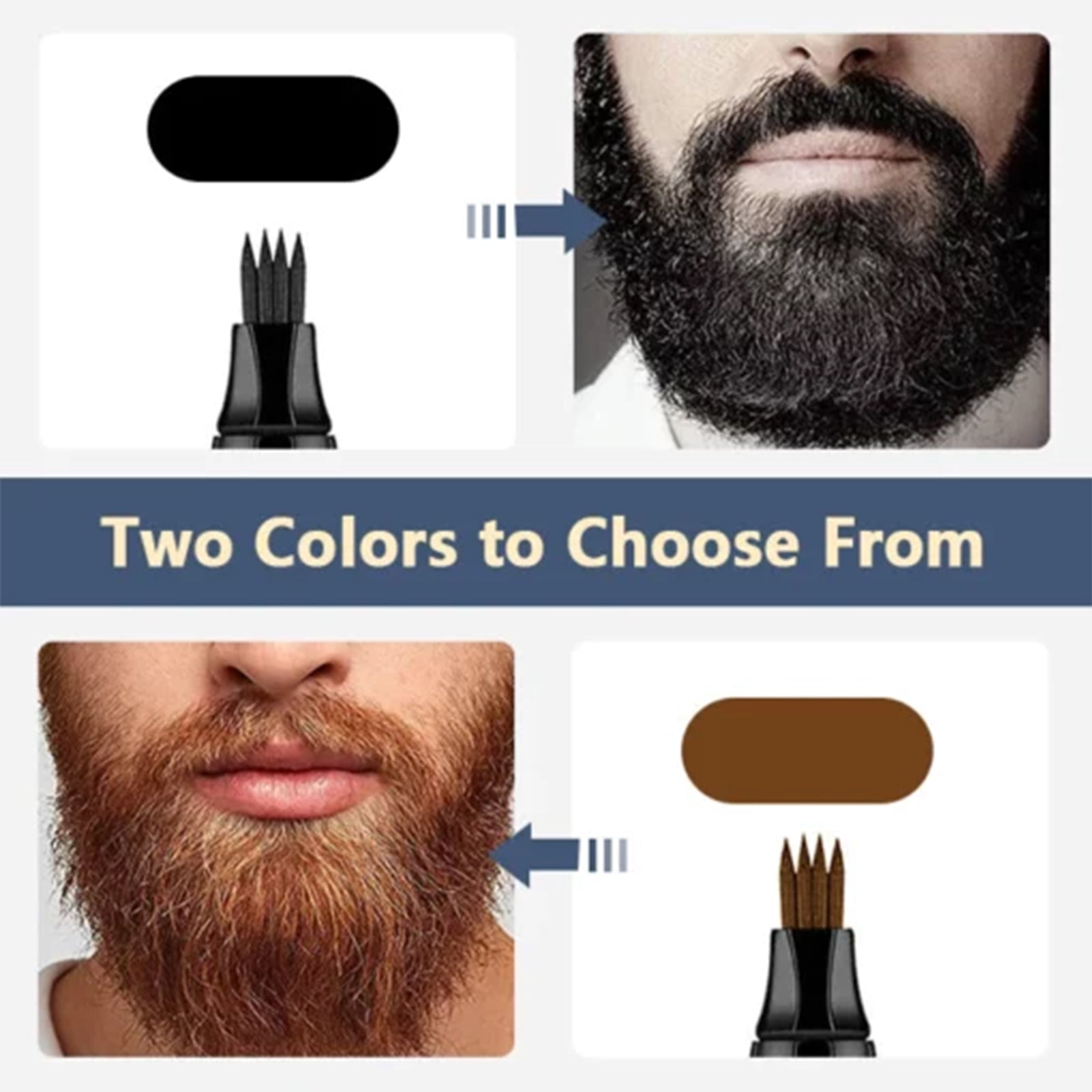 Beard filler pen showing two shade options with beard and applicator brush.