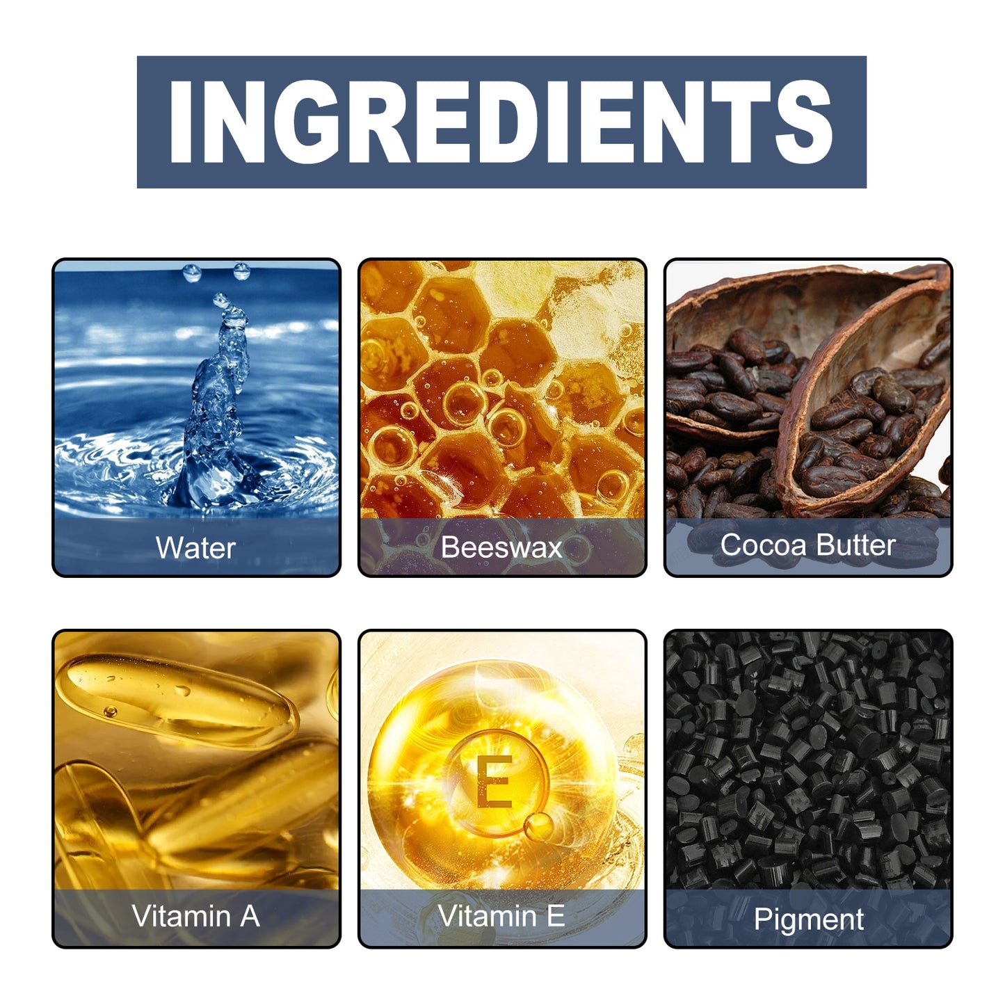 Beard filler pen ingredients graphic featuring water, beeswax, cocoa butter, vitamin A, vitamin E.