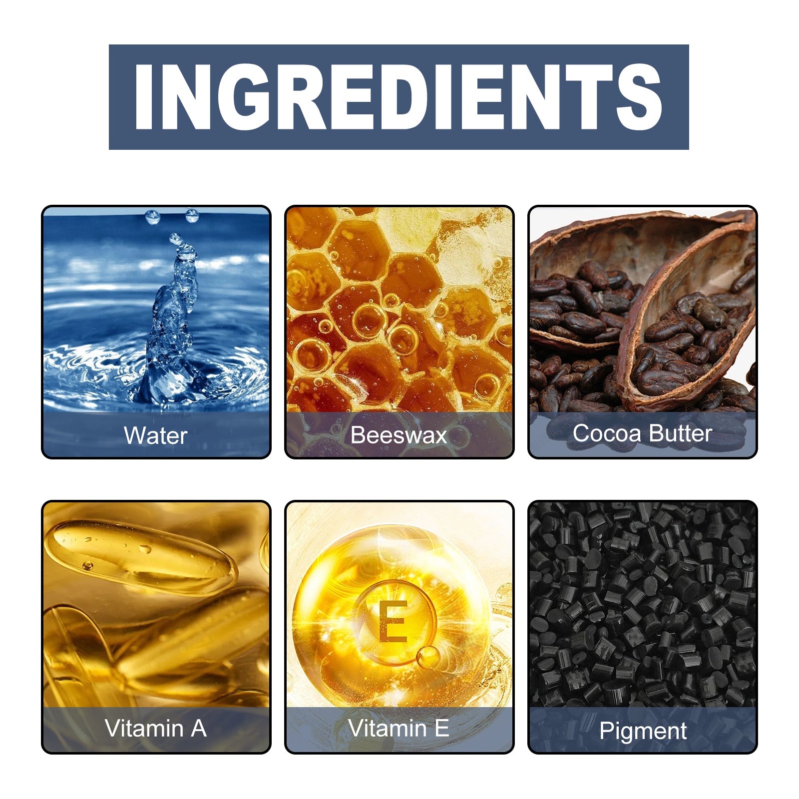 Beard filler pen ingredients graphic featuring water, beeswax, cocoa butter, vitamin A, vitamin E.