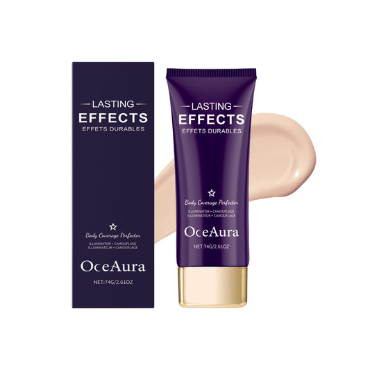 OceAura body coverage concealer tube beside box, with beige cream swatch