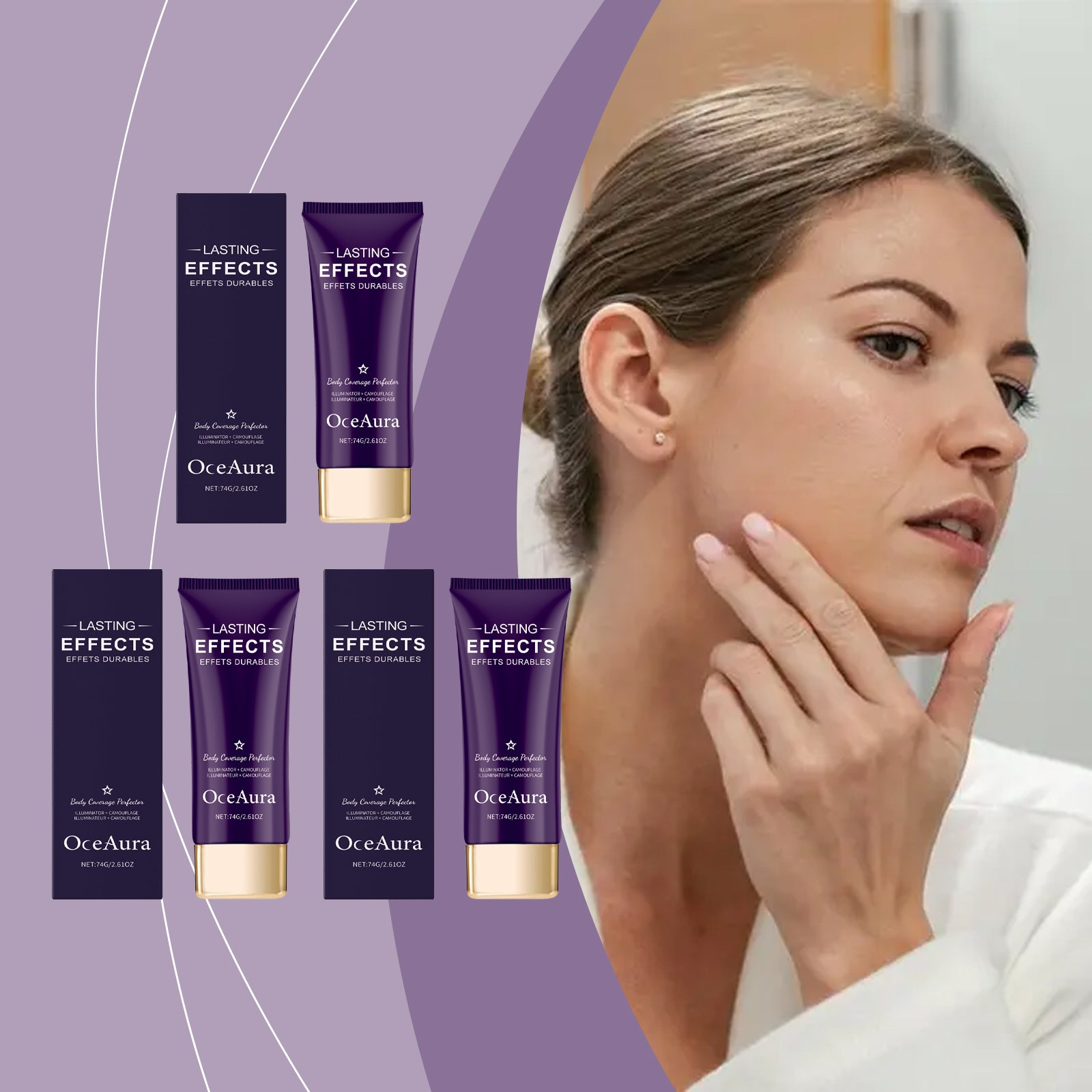 OceAura body coverage concealer tube and boxes with model applying on cheek