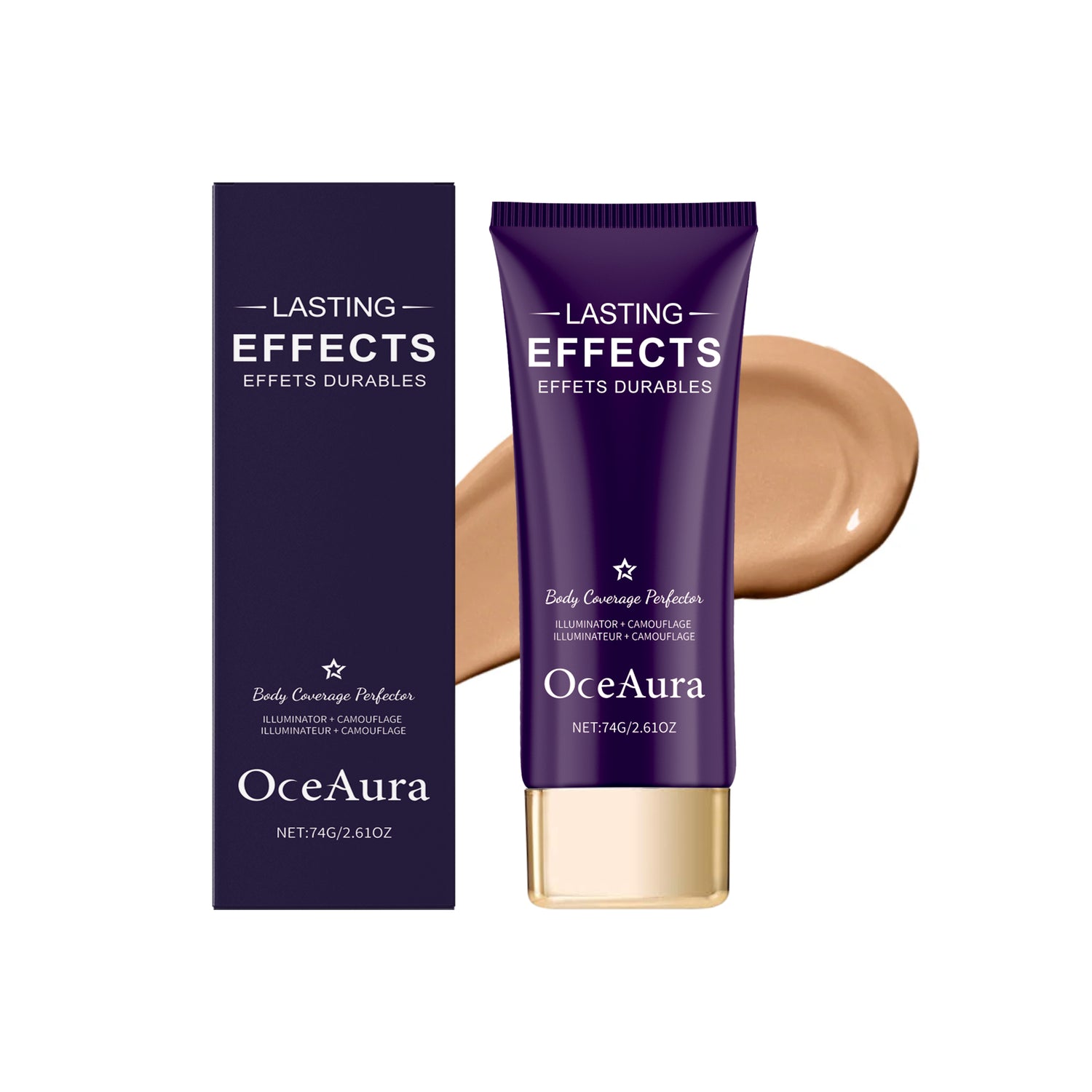 OceAura body coverage concealer tube with beige swatch and box
