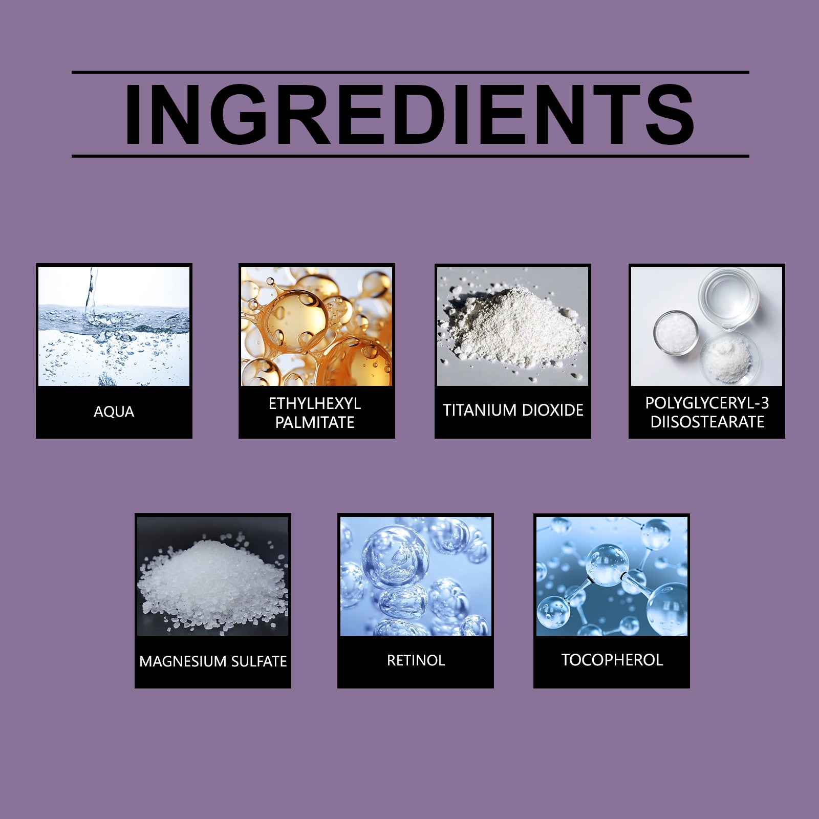 OceAura ingredients panel with aqua, retinol, tocopherol and titanium dioxide icons