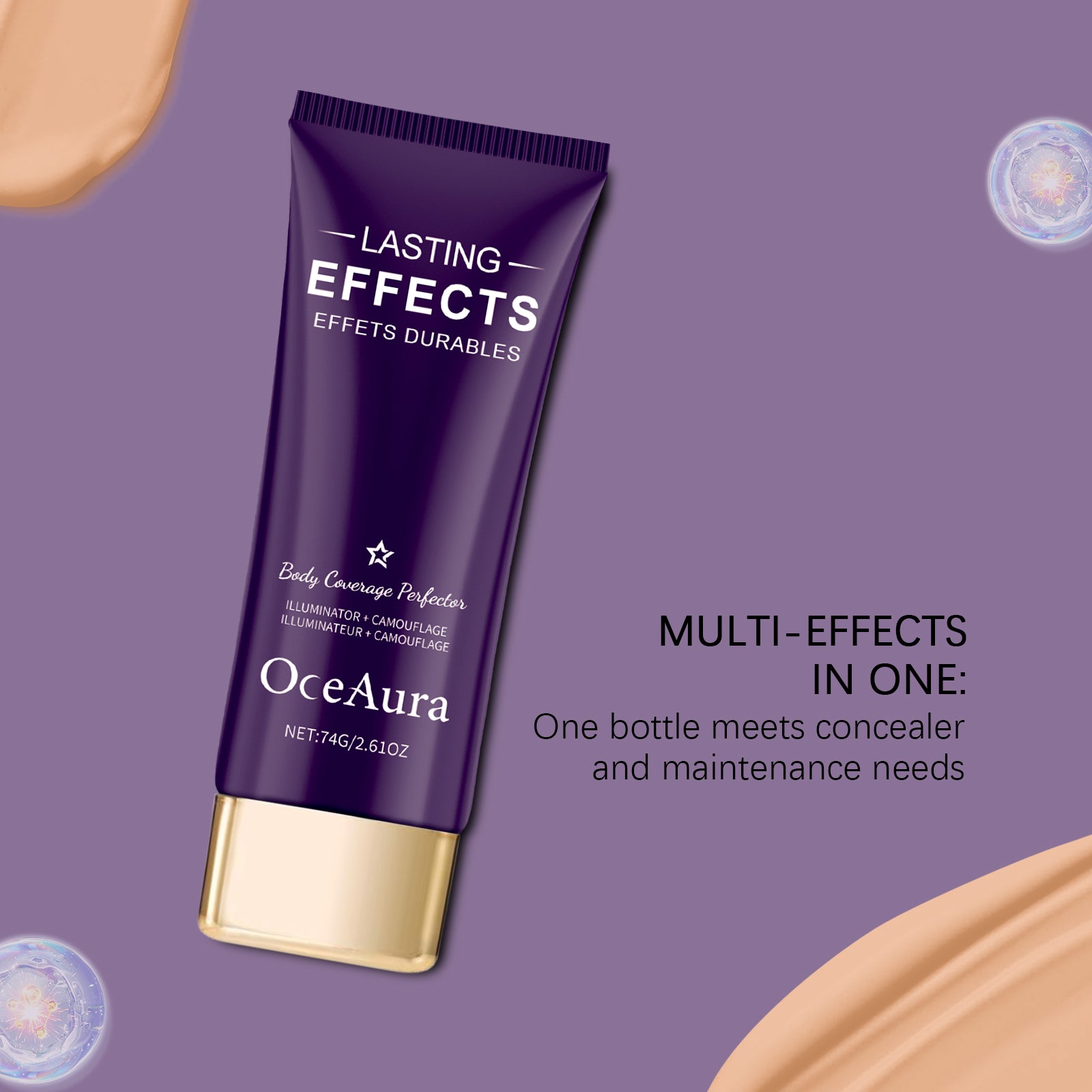 OceAura body coverage perfector tube with beige swatch and multi-use claim