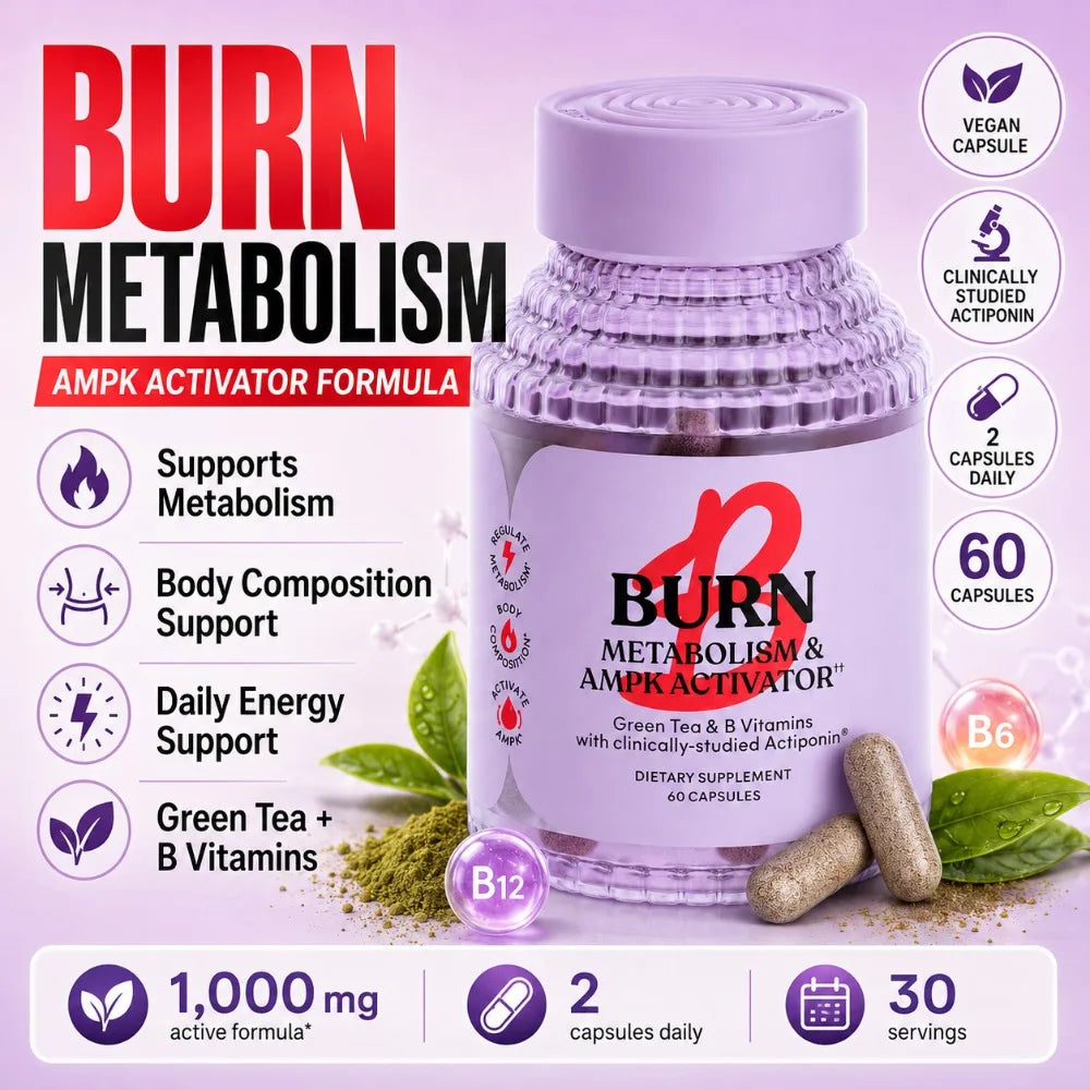 Purple Burn Metabolism & AMPK Activator bottle with vegan 60 capsules label, green tea blend