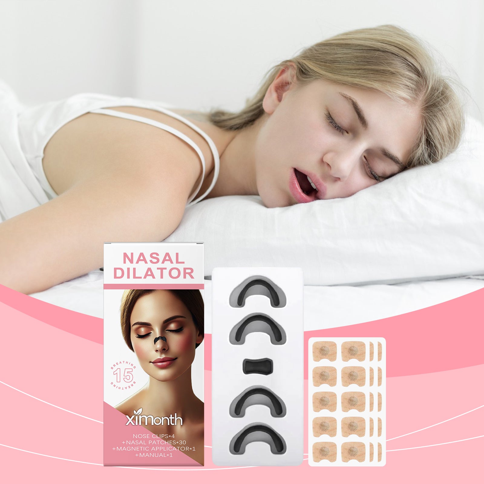 Nasal dilator set with black nose clip, beige nasal patches, and applicator tray