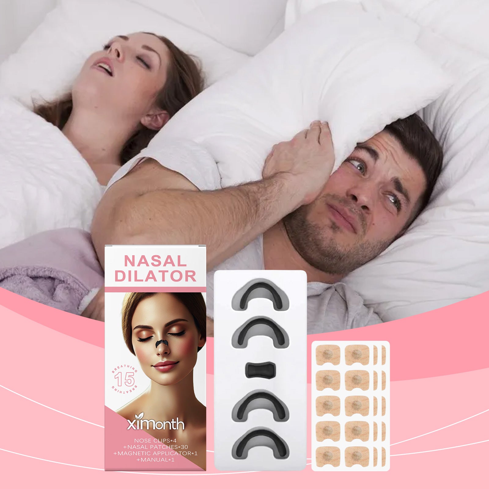 Nasal dilator set on display with box, black clip tray, and beige nasal patches