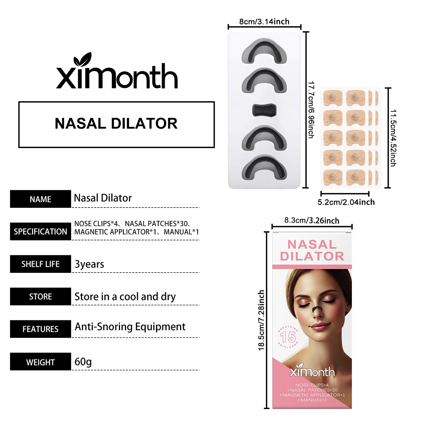 Ximonth nasal dilator box with tray of black clips and beige patch sheets