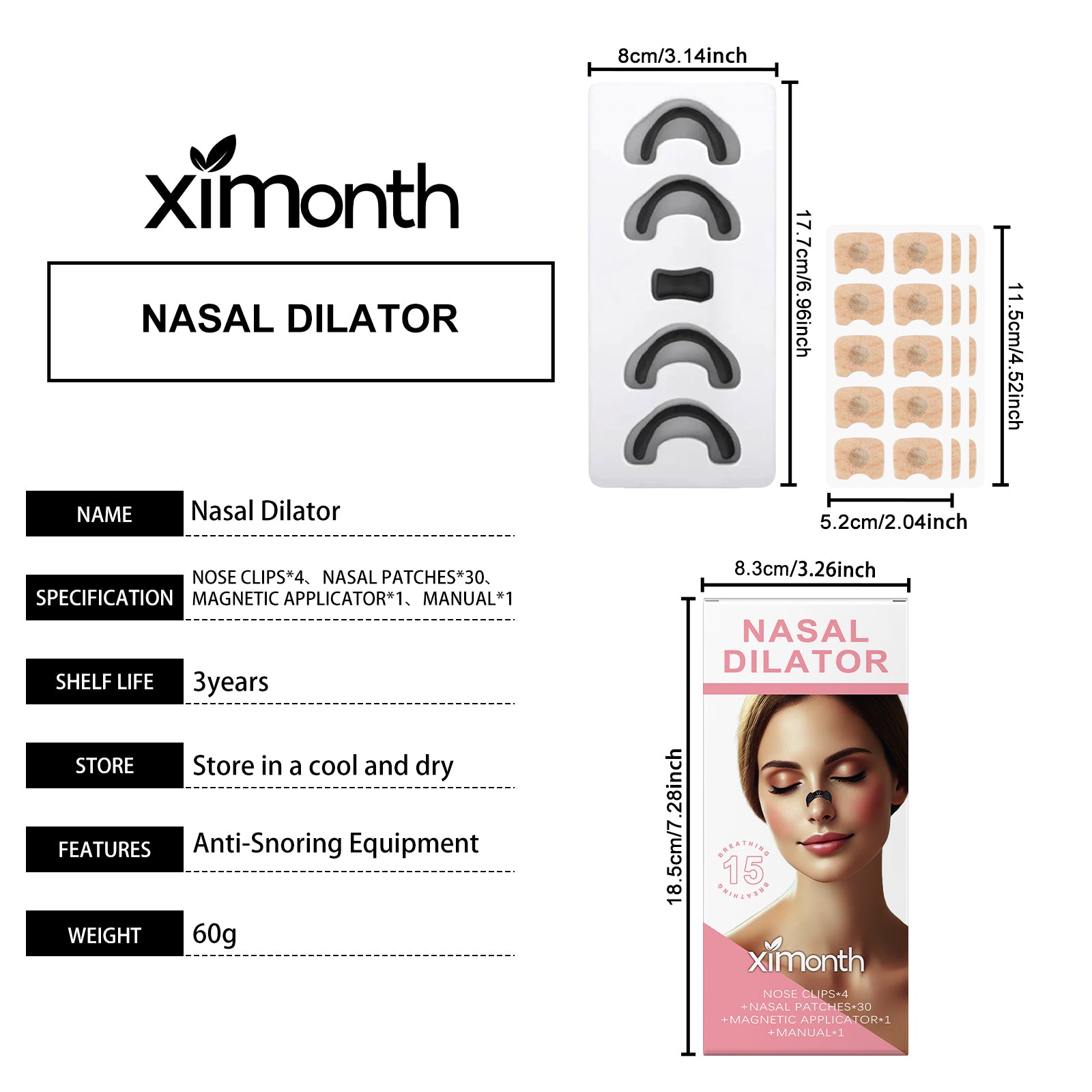 Ximonth nasal dilator box with tray of black clips and beige patch sheets