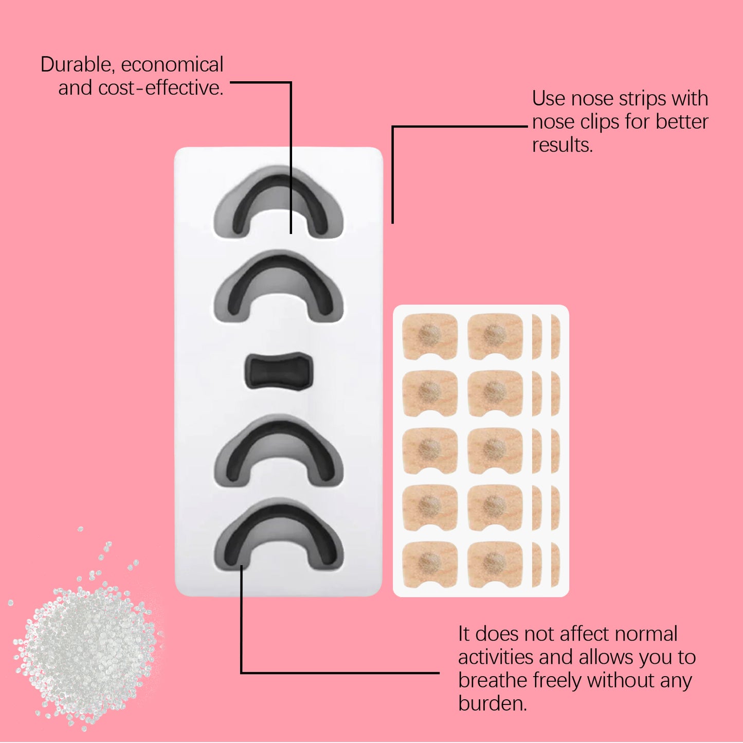 Nasal dilator kit includes black clips, beige nasal patch strips, and backing cards