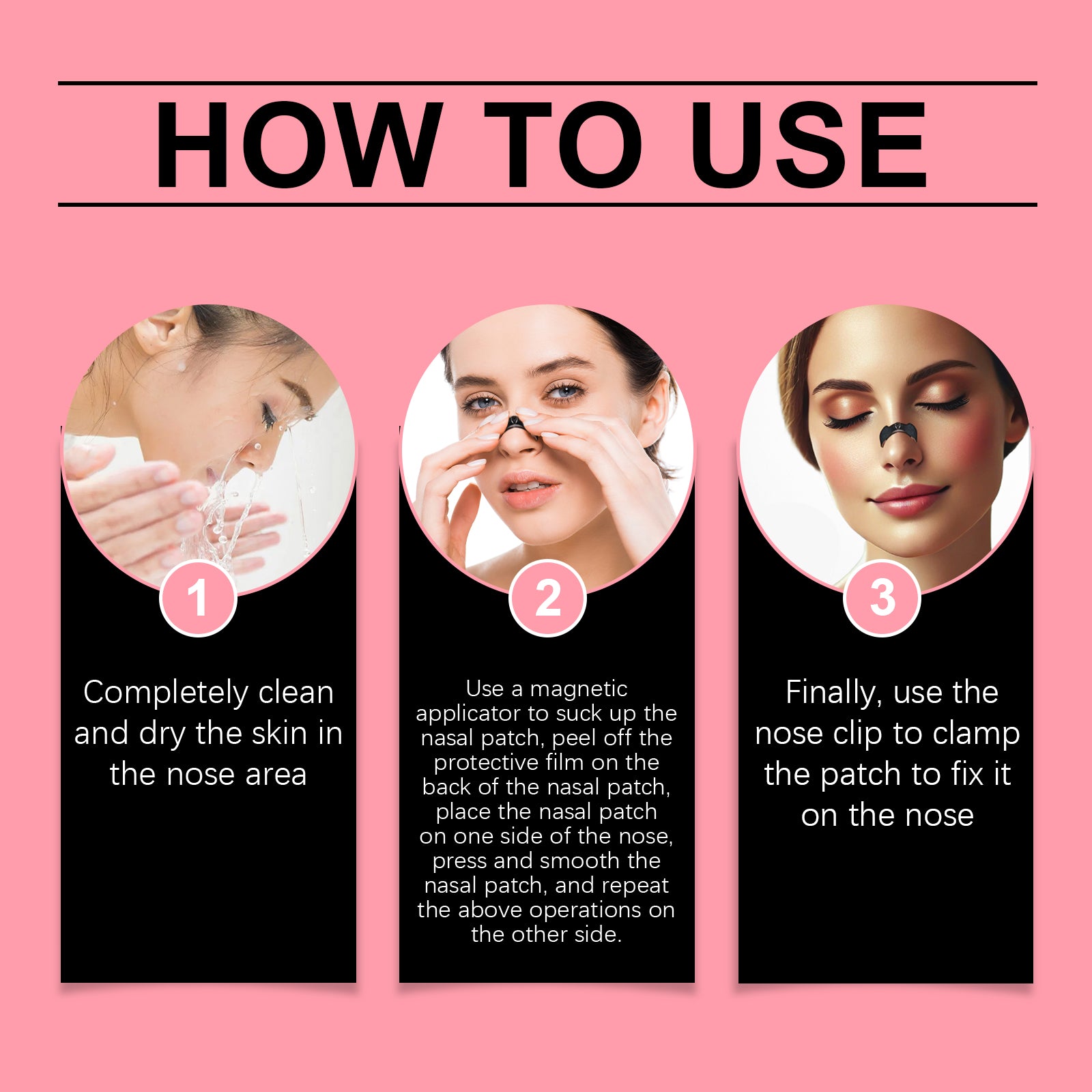 How to use guide showing nasal patch and nose clip application steps